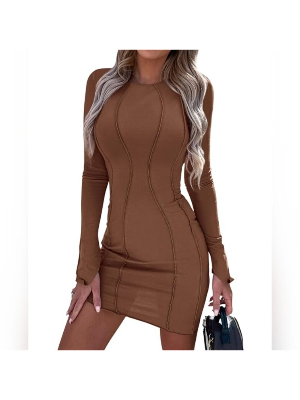 NWT PrettyGarden Women’s Brown Long Sleeve Bodycon Mini Dress, Small